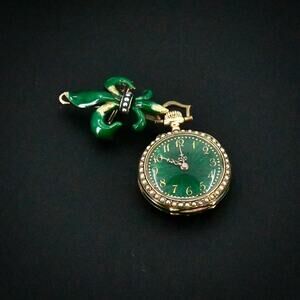 Antique 14K Gold Green Guilloche Enamel Ladies Pendant Watch & Pin Set - NW